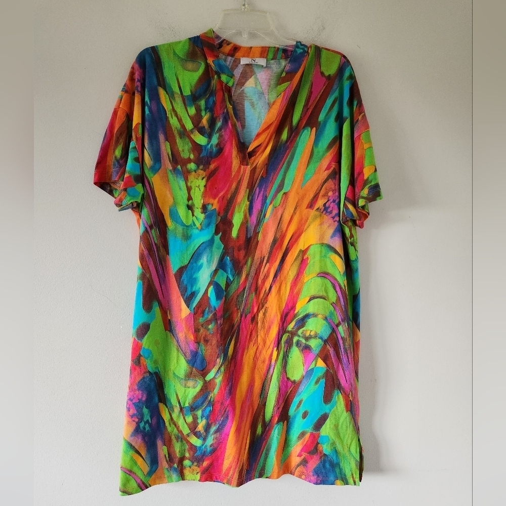 NATORI | Paradise Cotton Dress Split Crewneck Watercolor Sz LARGE - Picture 2 of 6
